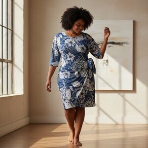 Signature by Robbie Bee Floral Print Blue Faux-Wrap Sheath Dress